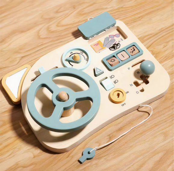 Montessori Busy Board, Simulation Car Driving Steering Wheel Wooden
