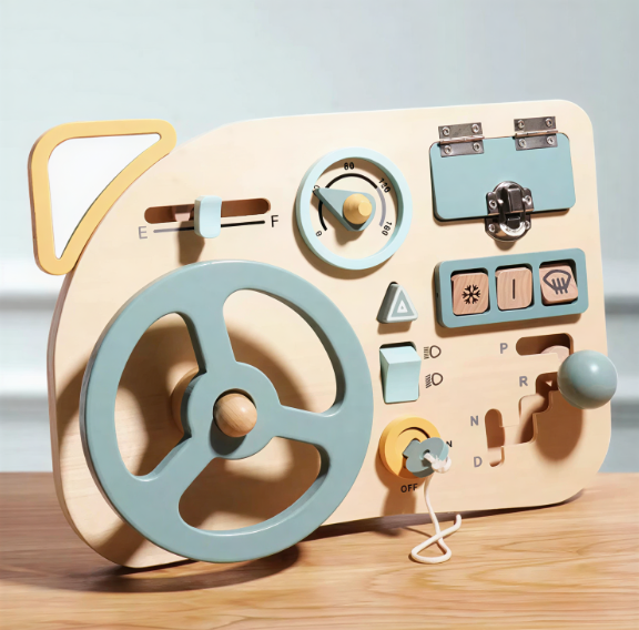 Montessori Busy Board, Simulation Car Driving Steering Wheel Wooden
