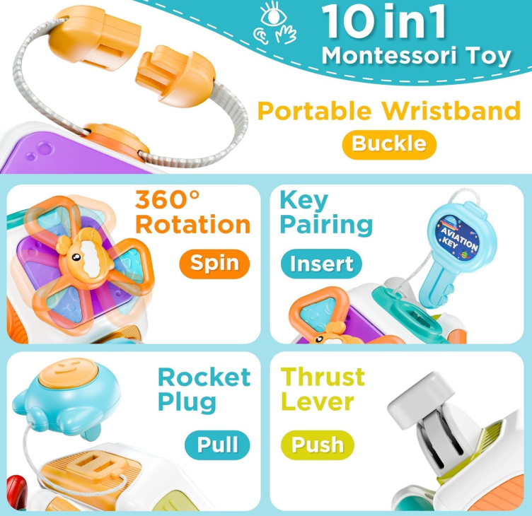 10 in 1 Busy Board Cube Plane Carseat and Travel Montessori Sensory Toy