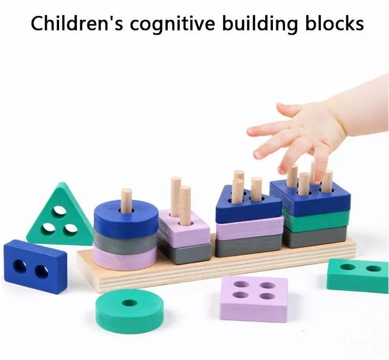 Montessori Toy Wooden Building Blocks Colour Shape Match Kids Puzzle