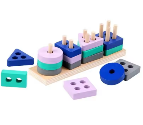 Montessori Toy Wooden Building Blocks Colour Shape Match Kids Puzzle